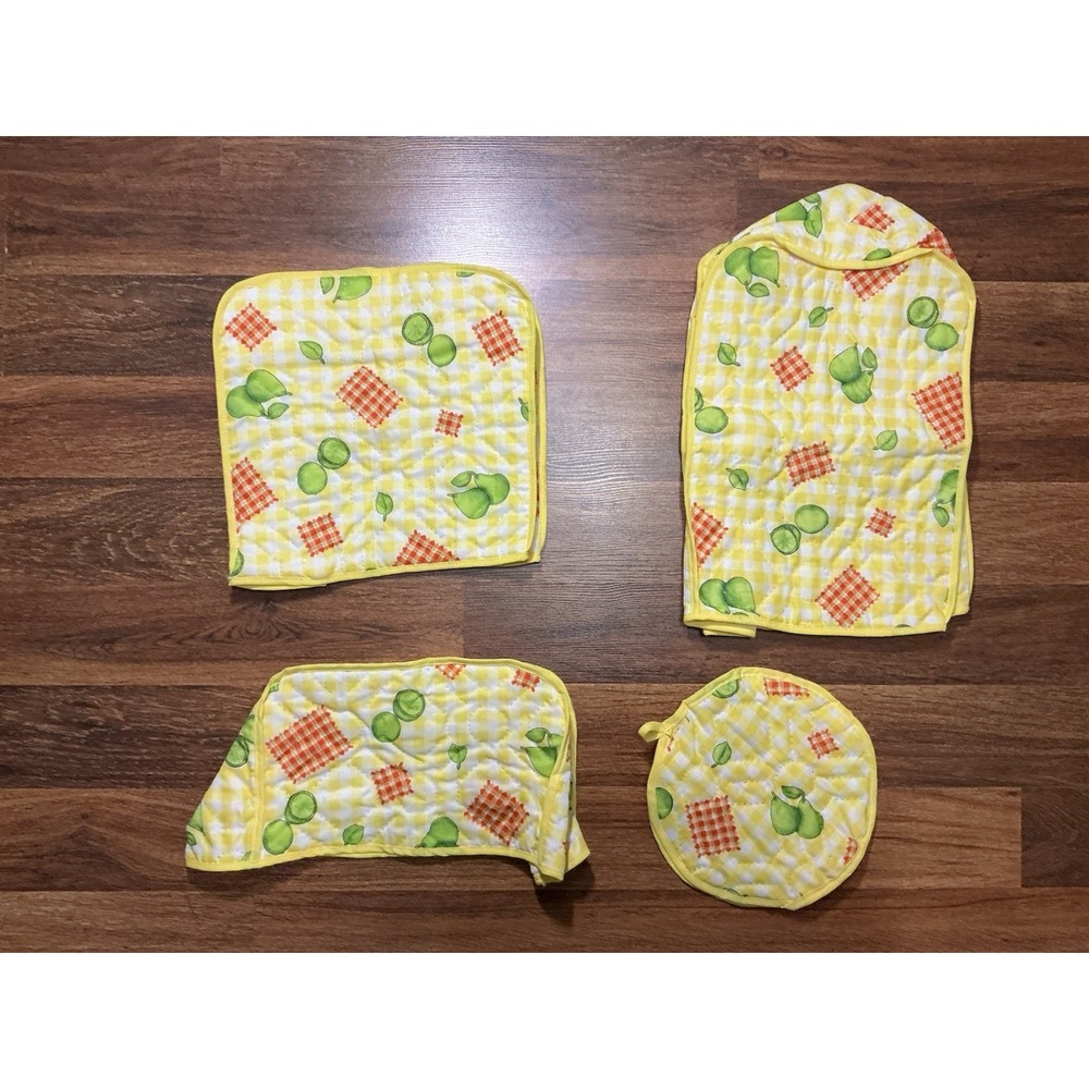 Vtg Set Of 4 Appliance Covers Yellow White Gingham Fruit Motif